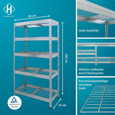 Вуличний металевий стелаж для важких навантажень 1500 кг, 180x90x45 см, 5 полиць, оцинкований, TÜV сертифікат