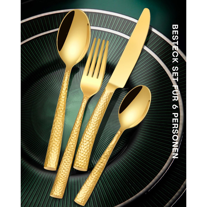 HONKKU 30-Piece Flatware Set, 6 People, Gold, Thickened Stainless Steel Cutlery Set with Hammered Handle, Eating Cutlery Set with Knife, Fork, Spoon, Mirror Polished, Dishwasher Safe