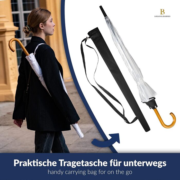 Logan & Barnes Transparent Wedding Umbrella with Real Wood Handle - 120cm Large Umbrella for 2 People - Cardiff XL Model - 120cm Transparent Umbrella with Black Trim