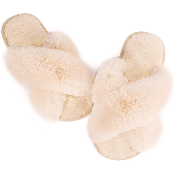 Тапочки жіночі Ankis з плюшу з перехресними ремінцями, теплі зимові тапочки з меморі-піною, відкриті пальці, пухнасті тапочки для дому та вулиці (білий, чорний, сірий, верблюжий) (36/37 EU)