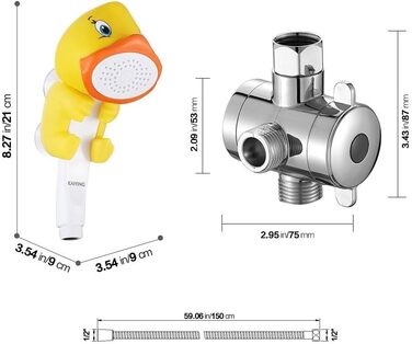KAIYING Kids Showerheads, Cartoon Water Flow Sprinkler Shower, Shower Head Attachment for Toddlers, Baby Handheld Shower Head Bathroom Accessories, Kid's Shower Attachment (J: Showerhead (Frog) + Hose + Diverter Valve) (Duck Showerhead Set)