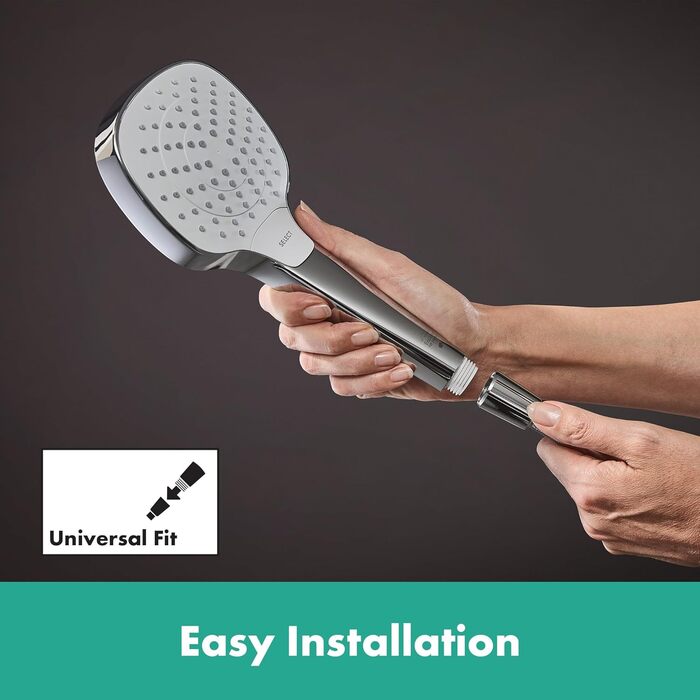 hansgrohe Croma Select E - water-saving showerhead 9 l/min (EcoSmart), hand shower with 3 spray patterns, square shower head (110 x 110 mm), showerhead with water-saving function and anti-limescale feature, White/Chrome