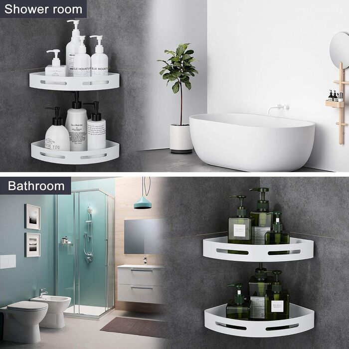 Hoomtaook Shower Shelf Shower Caddy White No Drilling Corner, Bathroom Shelf Bathroom Caddy Aluminum Shower Basket Bathroom Organizer Accessories Matte Finish Shower Baskets & Shower Shelves 2 Pieces with Hooks White