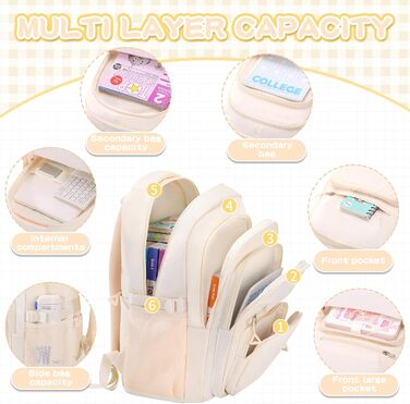 Жіночий рюкзак для школи, коледжу та подорожей, великий, для ноутбука, бежевий