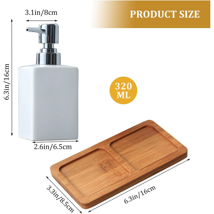 Bathroom Accessories, 3-in-1 Bathroom Set, Soap Dispenser, Ceramic Toothbrush Holder, and Bamboo Tray, Ceramic Material, White, for Bathroom, Sink, Bathtub, Reusable Shampoo