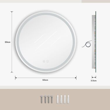 Дзеркало для ванної кімнати Dripex круглої форми з підсвічуванням LED, сенсорне управління, регулювання яскравості, 3 кольори світла, запобігання запотіванню, 60x60 см (Bluetooth, запобігання запотіванню, 3 кольори світла, регулювання яскравості)