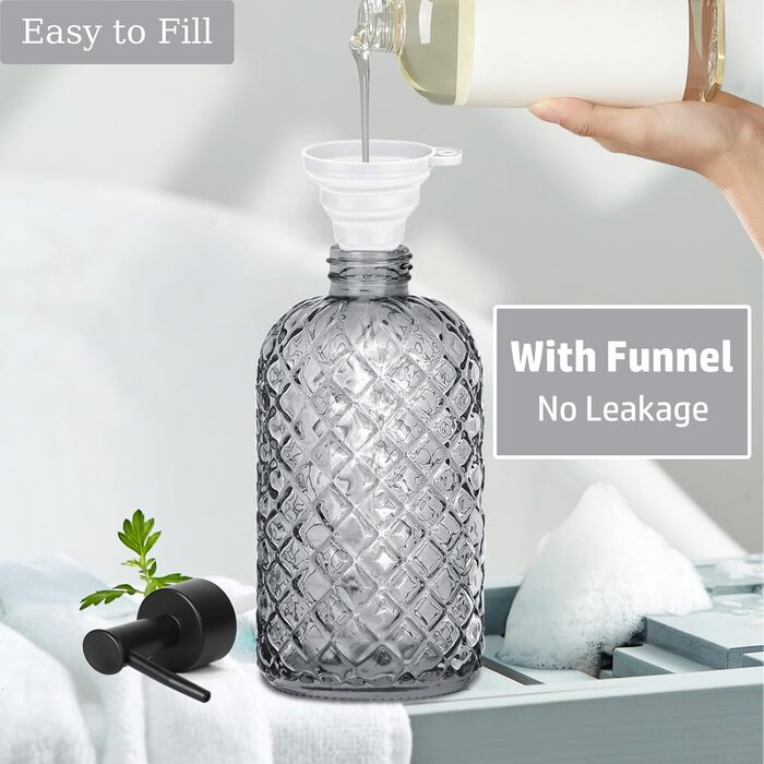Скляний диспенсер для мила 500 мл з хвильовим дизайном для ванної кімнати та кухні, з чорним насосом, дерев'яними етикетками та воронкою (Charcoal, сірий)