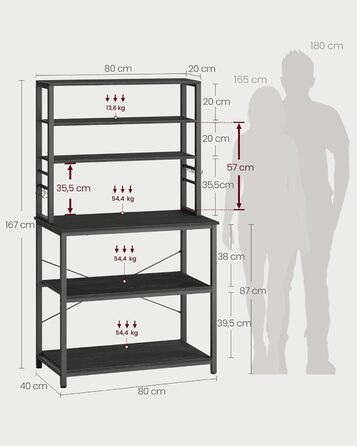 Стелаж кухонний VASAGLE, 6 полиць, гачки, сталевий каркас, 40 x 60 x 167 см, колір горіх + білий