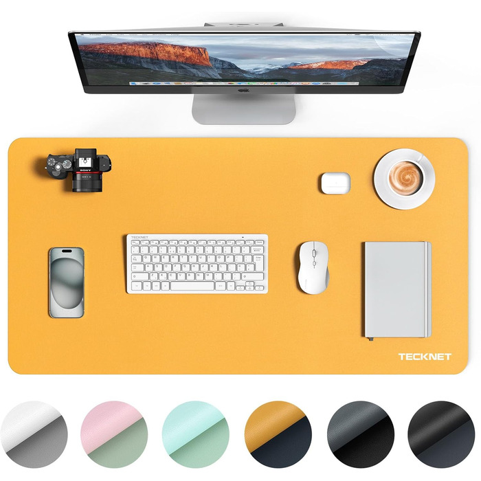 Килимок на стіл TECKNET 80 x 40 см, захист від води, PU шкіра, двосторонній, для офісу/дому (темно-сірий/темно-синій/жовтий)