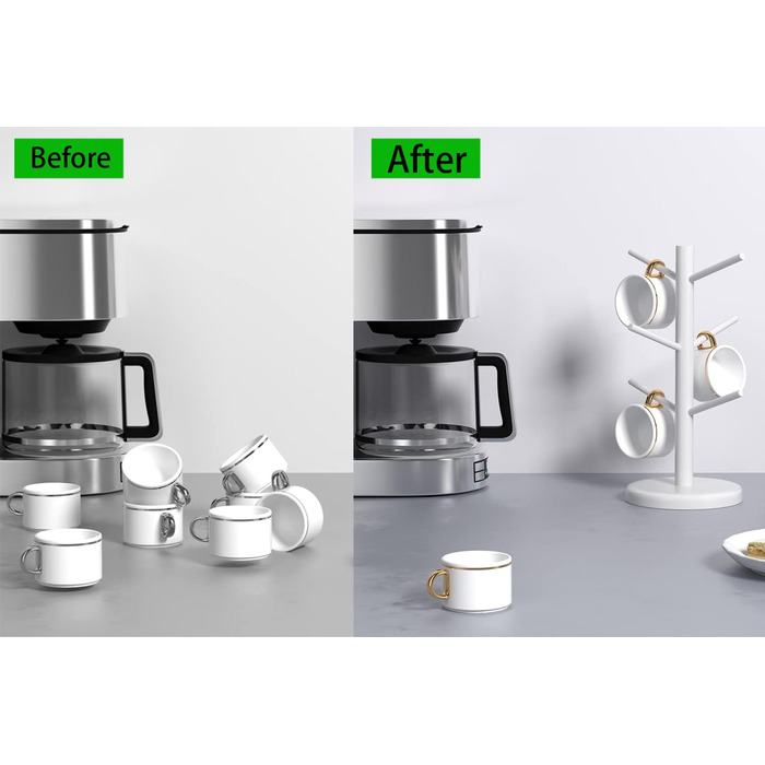 Dorho Cup Holder, Tree, Coffee Cup Holder with 6 Hooks, Wooden Cup Holder for Countertop, Coffee Bar Accessories and Organizer Station, White