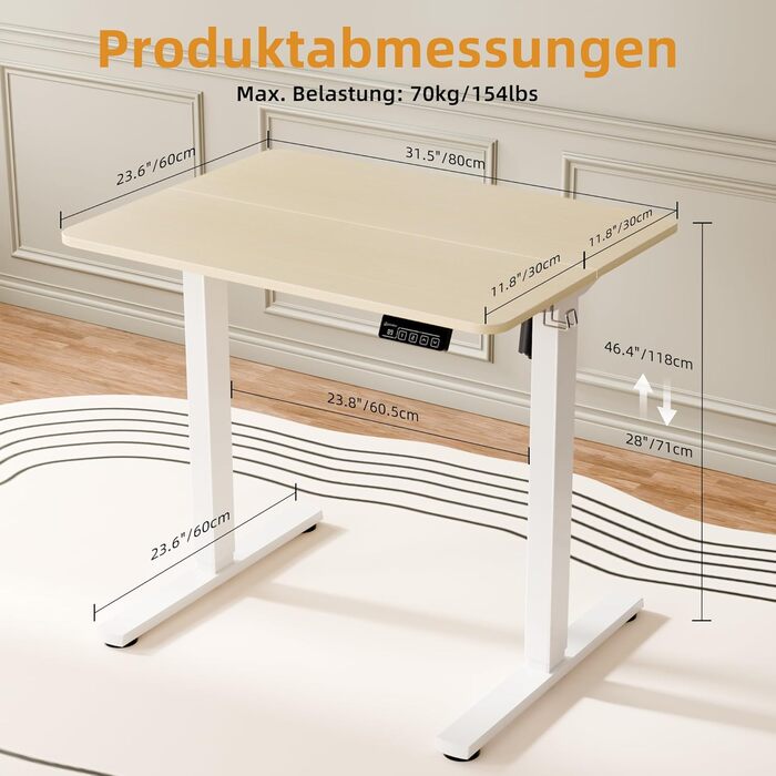 Ergonomaker Electric Standing Desk 80x60cm - Compact Adjustable Height Desk with 2-Section Tabletop, Home Office Desk (White Frame + Oak Tabletop)