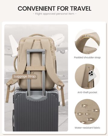 LOVEVOOK Рюкзак для ручної поклажі, 40L, для жінок, валіза-рюкзак з відділенням для ноутбука, водонепроникний, для подорожей, ділових поїздок, вихідних, Khaki-beige