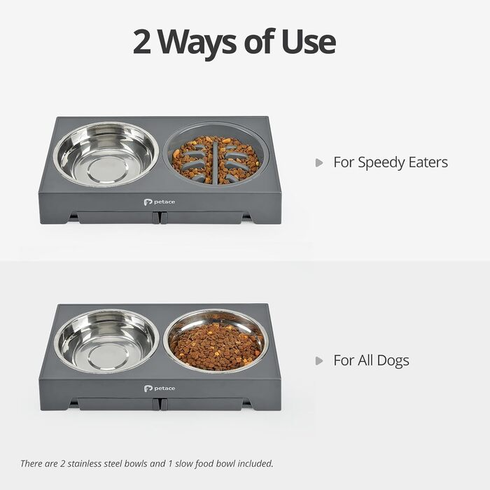 Elevated Dog Bowls Set - Stainless Steel & No-Drip Design - Adjustable Height, 2x 1.2L & 0.8L - Grey