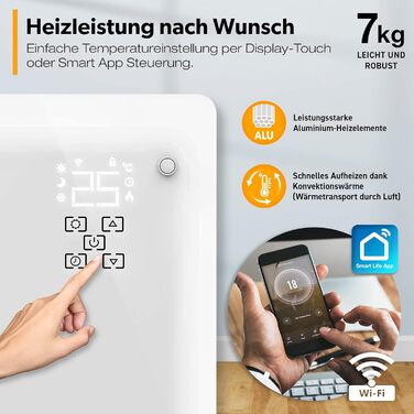 Конвектор TRESKO® з Wi-Fi, склокерамічний, 2000 Вт | Електричний нагрівач з LED-дисплеєм та таймером | Настінний/підлоговий, білий