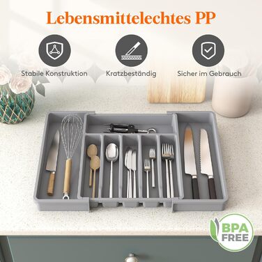 Органайзер для столових приборів Lifewit в шухляду, розсувний, пластиковий, 7-9 відділень, 38-50 см, сірий