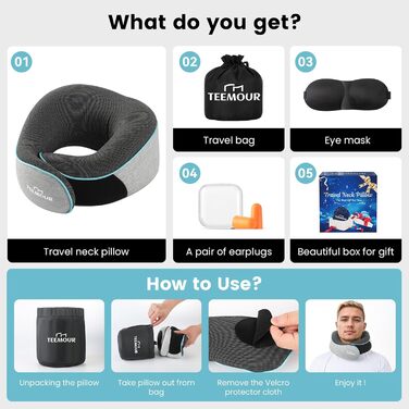 Подушка для шиї Teemour для подорожей літаком – 360° підтримка, з memory foam, маска для очей та навушники, зручна сумка | Аксесуари для подорожей