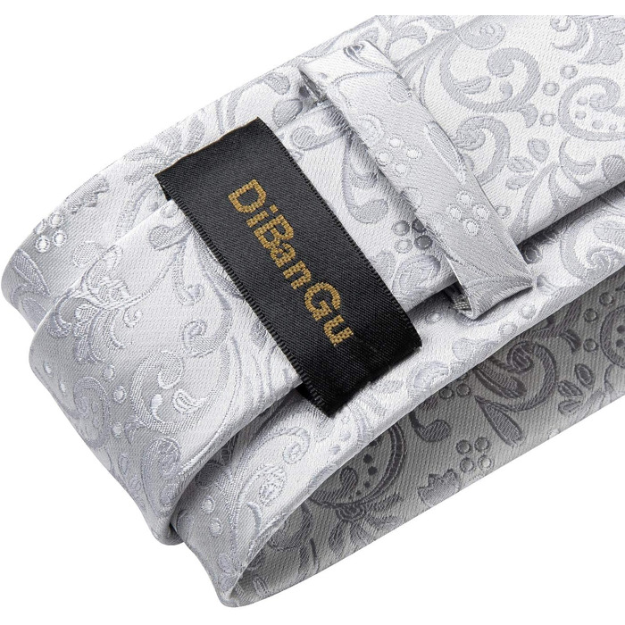 Набір аксесуарів для чоловіків DiBanGu: краватка, хустинка, кафтанчики, краватковий затискач, шовковий паваротний узор, білий / срібний