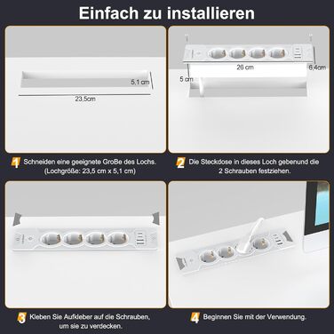 Вбудована розетка з 2 USB-C та 4 розетками, 3680W, 16A, білий кабель 2м. Розподільник розеток для конференц-столу, дивану