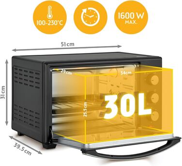 Міні-піч TZS First Austria 30L з регулюванням температури до 230°C, таймером 60 хв, 3 рівнями та решіткою для гриля - для невеликих кухонь та кемпінгу
