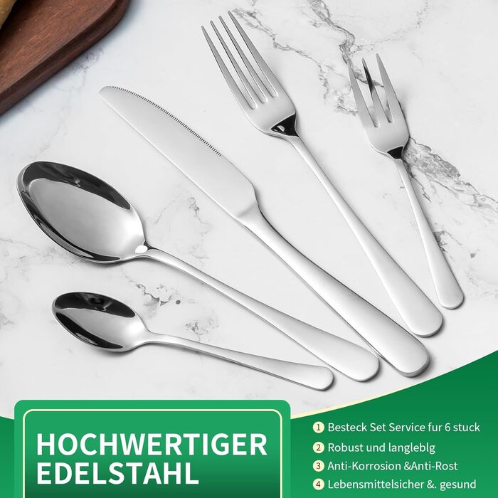 LAZAHOME Cutlery Set, Stainless Steel Mirror Polished 30-Piece Cutlery Set for 6 People, Dining Cutlery Set with Knife Fork Spoon for Family/Party/Hotel/Restaurant, Silver Table Cutlery, Dishwasher Safe Silver 30 Pieces