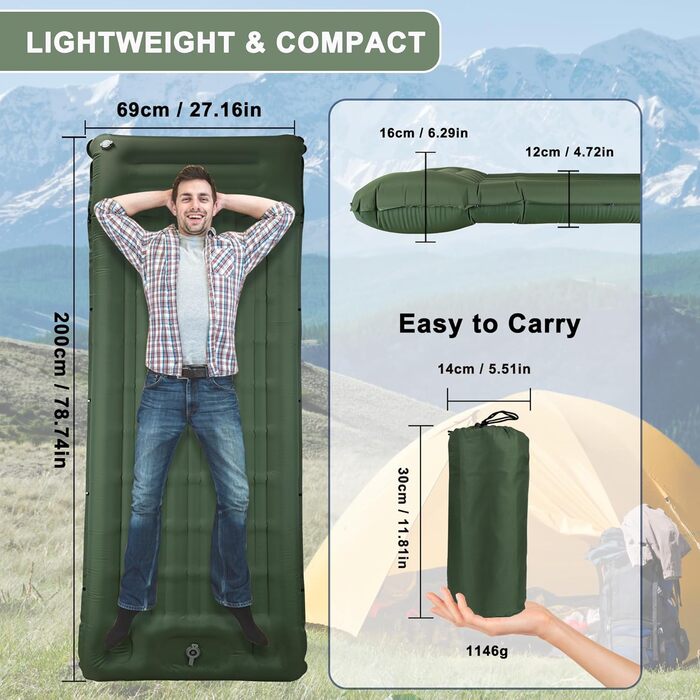 Каремат для кемпінгу Techshare самонадувний, потовщений, з насосом. Підходить для туризму, відпочинку на природі та кемпінгу