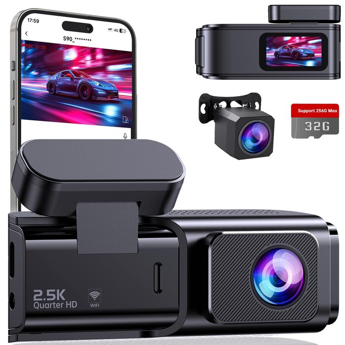 Автомобільний відеореєстратор Dashcam Dual 2.5K + 1080P з WiFi, 32GB SD-картою, ширококутним об'єктивом 170°, нічним баченням та датчиком удару G-сенсором, чорний