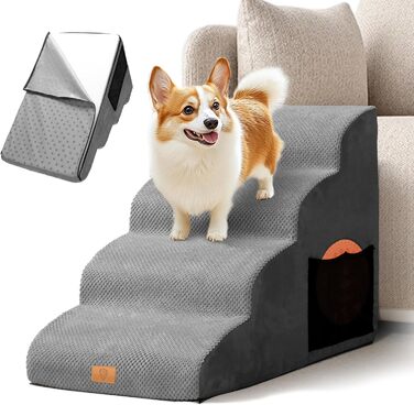 Сходинка для собак Masthome: 4 сходинки, губка, знімна та миюча оббивка, для ліжка/софи, антиковзка (сіра)