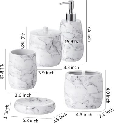 Motifeur Badaccessoires Set, 5-Piece Ceramic Bathroom Accessories Set with Lotion Dispenser/Soap Pump, Cotton Swab Holder, Soap Dish, Cup, and Toothbrush Holder (Marble Look)