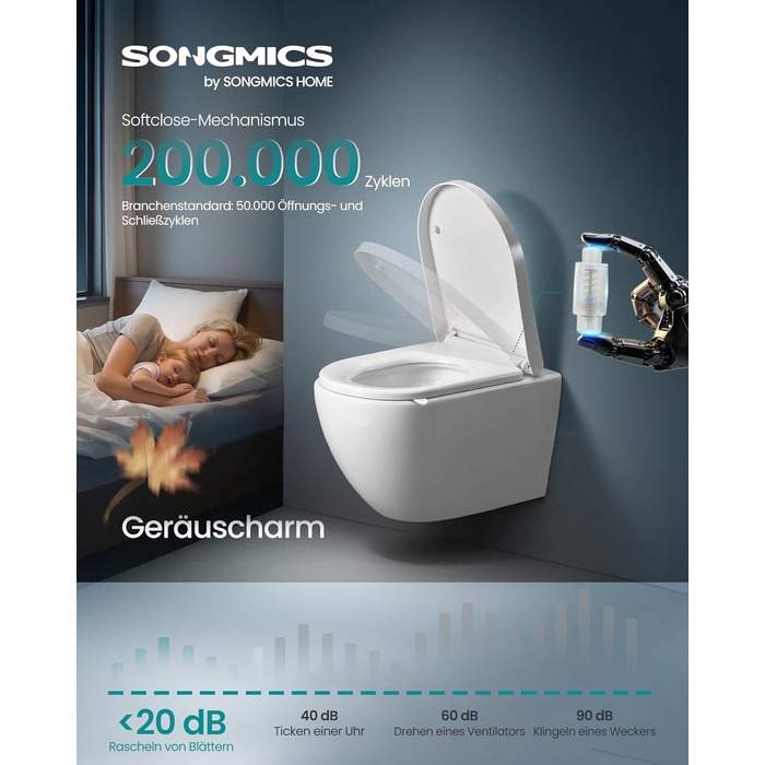 Кришка на унітаз SONGMICS з мікроліфтом (сидіння для унітаза), знімний обідок з ручкою, D-подібна форма (короткий), поліпропілен, білий, витримує до 300 кг, BTL001WZ01