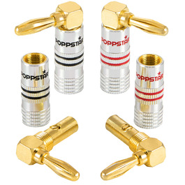 Комплект кутових бананових роз'ємів Poppstar High End (12 шт), 24K позолочені контакти, до 6 мм², чорні та червоні