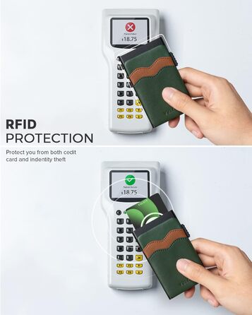 VULKIT Слім гаманець-картхолдер з RFID захистом, шкіряні слоти, металевий кейс, зелений