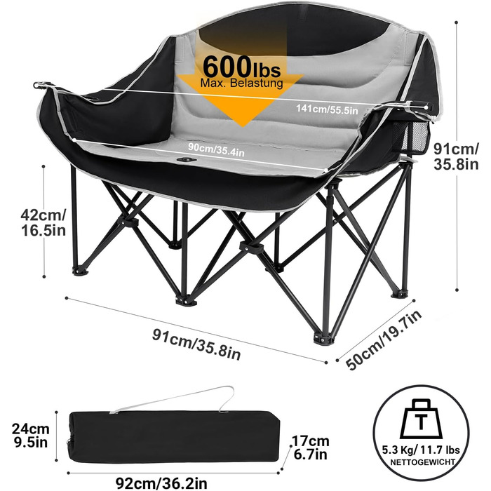 Кампанінг стілець подвійний великий, м'який, з підсклянником, складаний для 2 осіб, чорно-білий