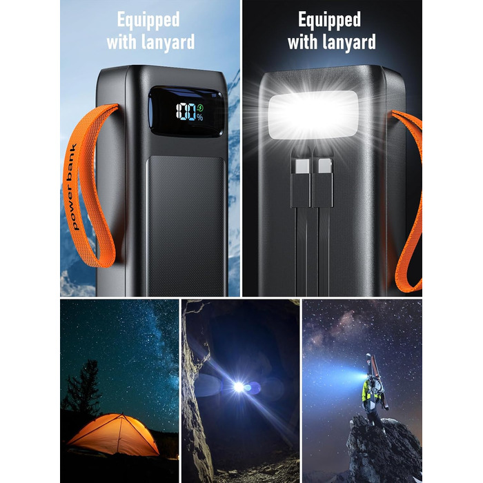 Портативний зарядний пристрій Power Bank 50000mAh з PD 30W, LED-дисплеєм, 7 виходами, ліхтариком та USB-C кабелем. Чорний.