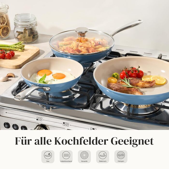 Redchef Ceramic Induction Nonstick Pan Set - 6 Piece Cookware Set with Lids (20/24/28cm) - Blue, Oven & Dishwasher Safe