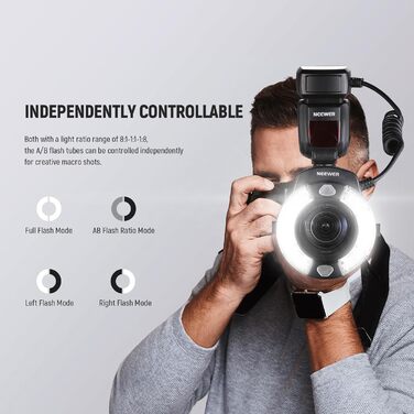 NEEWER RF1-S: Кольцевий спалах для Sony, Canon - 76W, GN15, 5600K, TTL, для макрозйомки та студійного освітлення