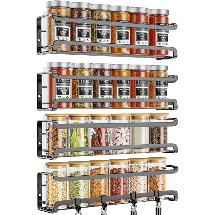 Стильна підставка для спецій на 4 відділення з металу, чорна, самоклеюча, без свердління, для кухонної шафи та дверей