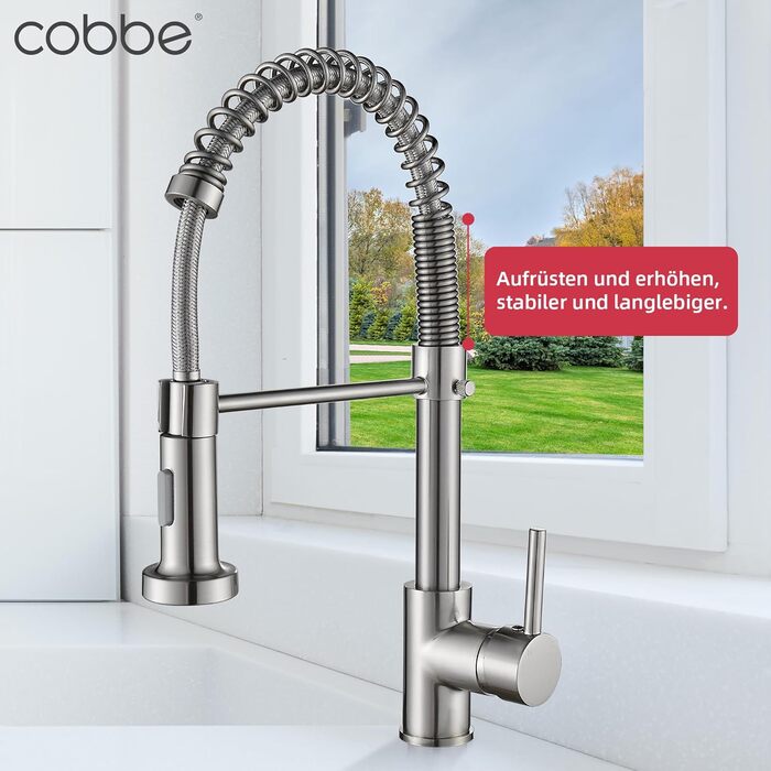 Кран кухонний Cobbe з висувним виливом та душем, 2 режими, поворотний на 360°, високий тиск, матовий нікель