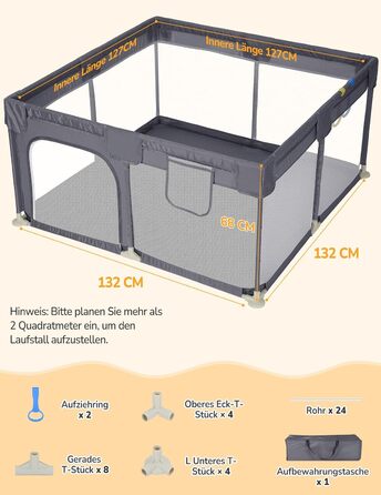 Манеж для дітей Dripex 120x180 см, сірий, з дихаючою сіткою, 300D Оксфорд, безпечний ігровий майданчик