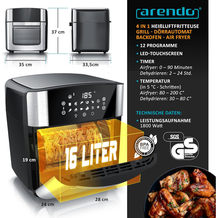 Фритюрниця Arendo XXL 16 літрів: духовка, гриль, сушарка, Air Fryer з сенсорним екраном EasyClean без олії. Ідеально для піци, курки та картоплі фрі. Без BPA.