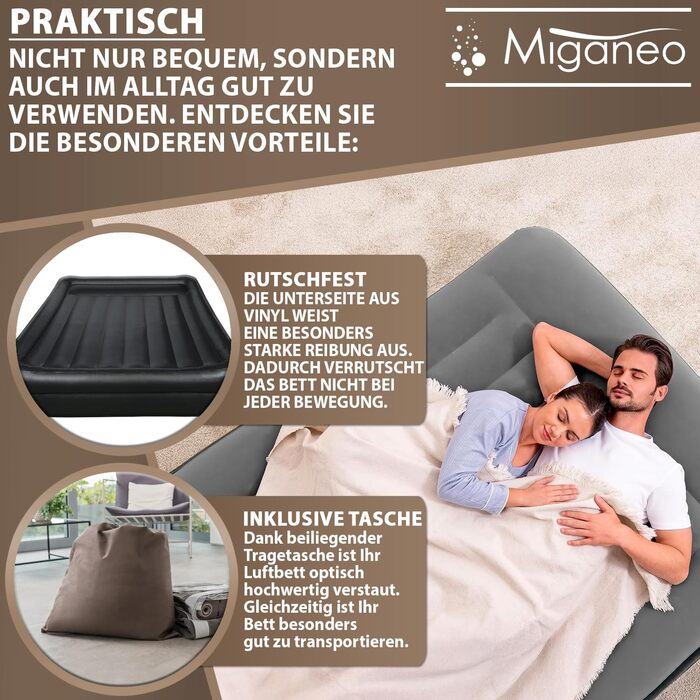 Надувне ліжко Miganeo Premium XL з електропомпою та антимікробним покриттям (203x152x46 см) | Макс. 300 кг