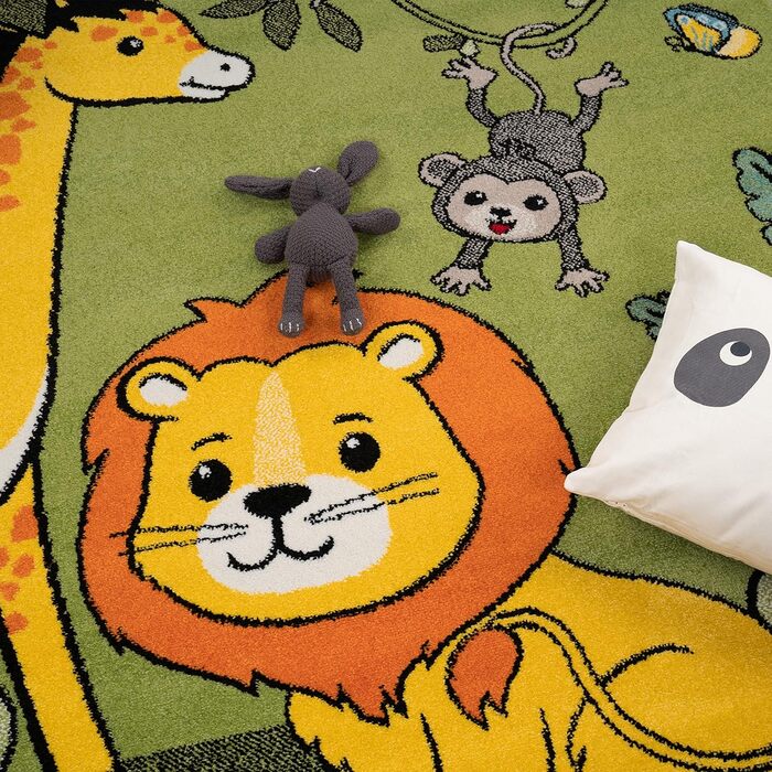 Paco Home Children's Rug Play Rug Jungle Animals Palm Trees MONKEY Elephant Giraffe Lion Green, Size: 80x150 cm
