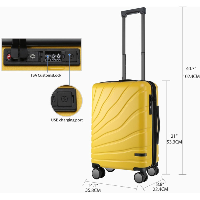 Жовтий валіз Vankean 20 дюймів з спінінг-колесами та TSA-замком, розширюваний, згідно з вимогами авіакомпаній