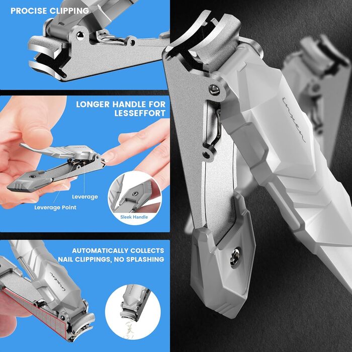Професійний кусачковий манікюрний інструмент з контейнером для збору обрізаних нігтів, для пальців та п'ят, з нержавіючої сталі, великий, срібний (3,5x0,79 дюйма)