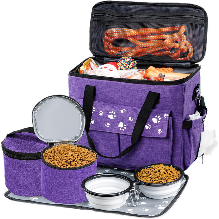 Сумка для собак у подорожі, схвалена авіаперевізниками, з контейнерами для корму та складними мисками (XL), фіолетовий