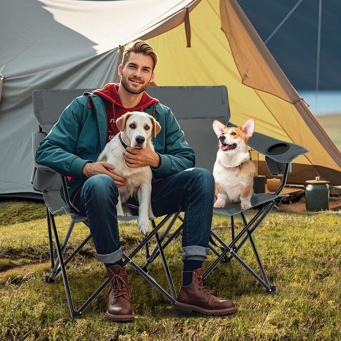 Крісло-диван для кемпінгу на 2 особи Costway, розкладне, з підсклянниками та підлокітниками, 300 кг, сіре