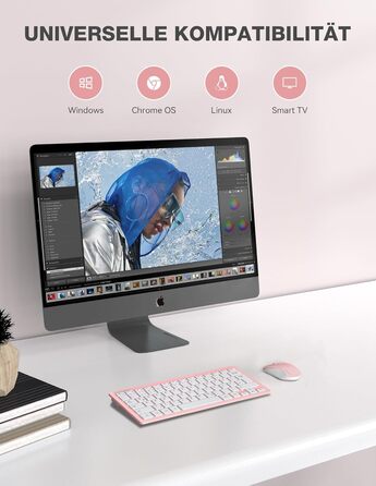 TECKNET Бездротова Клавіатура та Миша, QWERTZ, 2.4 GHz, 15м, Безшумна, для ПК, Ноутбука, Smart TV, Біла (Рожева)