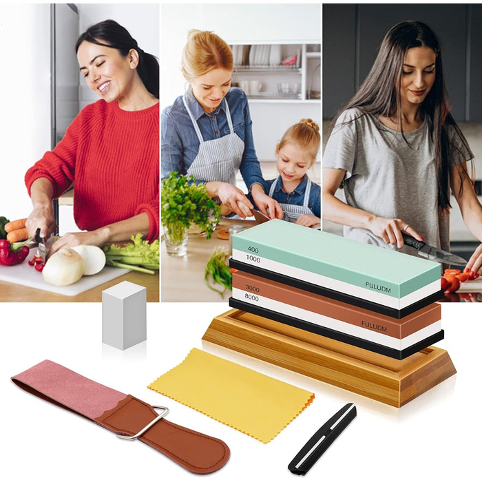 Набір точильних каменів FULUDM для ножів: 400/1000, 3000/8000 - з водою, з антиковзким тримачем