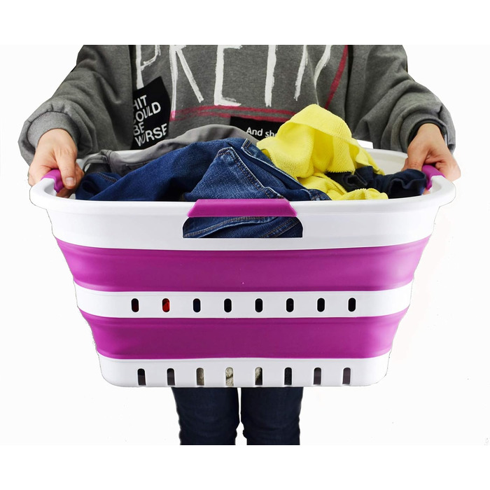 SAMMART 30L Collapsible 3-Handle Plastic Laundry Basket - Foldable Pop-Up Storage Container/Organizer - Portable Wash Basin - Space-Saving Basket/Bin (White/Purple)