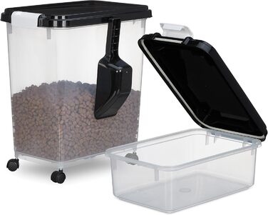 Коробки для корму для собак Relaxdays 2 шт., 10L та 30L, з кришкою, роликами, лопаткою, прозорі/чорні