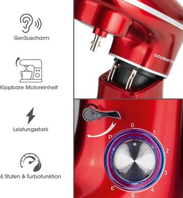 Gourmetmaxx Kitchen Machine with Kneading and Whisking Function | Powerful kitchen machine with a large 5-liter stainless steel bowl and direct drive | Includes whisk attachment, dough hook & beaters [1,500 watts] Metallic Red